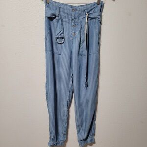 Pinstripe Casual Paperbag Waist Indigo Rein Striped Belted Chambray Ankle Pants